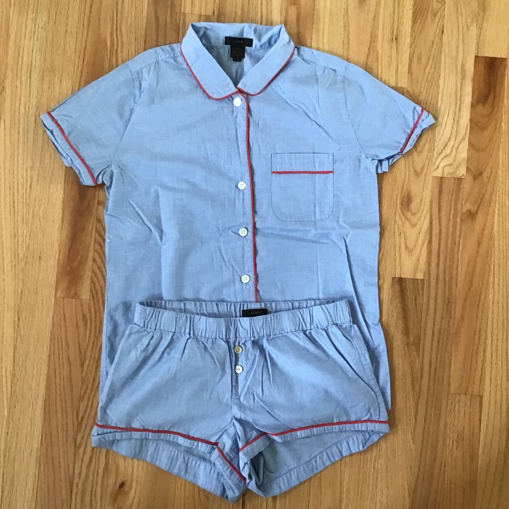 J Crew Chambray Red Trim Pajama Short Sleeve Shorts Set (S Bottom / XS Top)